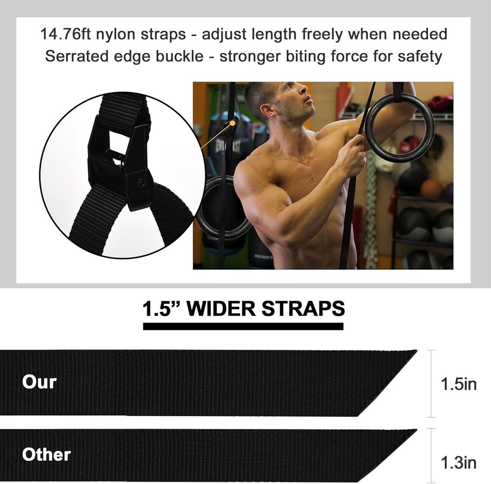 Gymnastic Rings 1100lbs Capacity with 14.76ft Adjustable Buckle Straps Pull U...