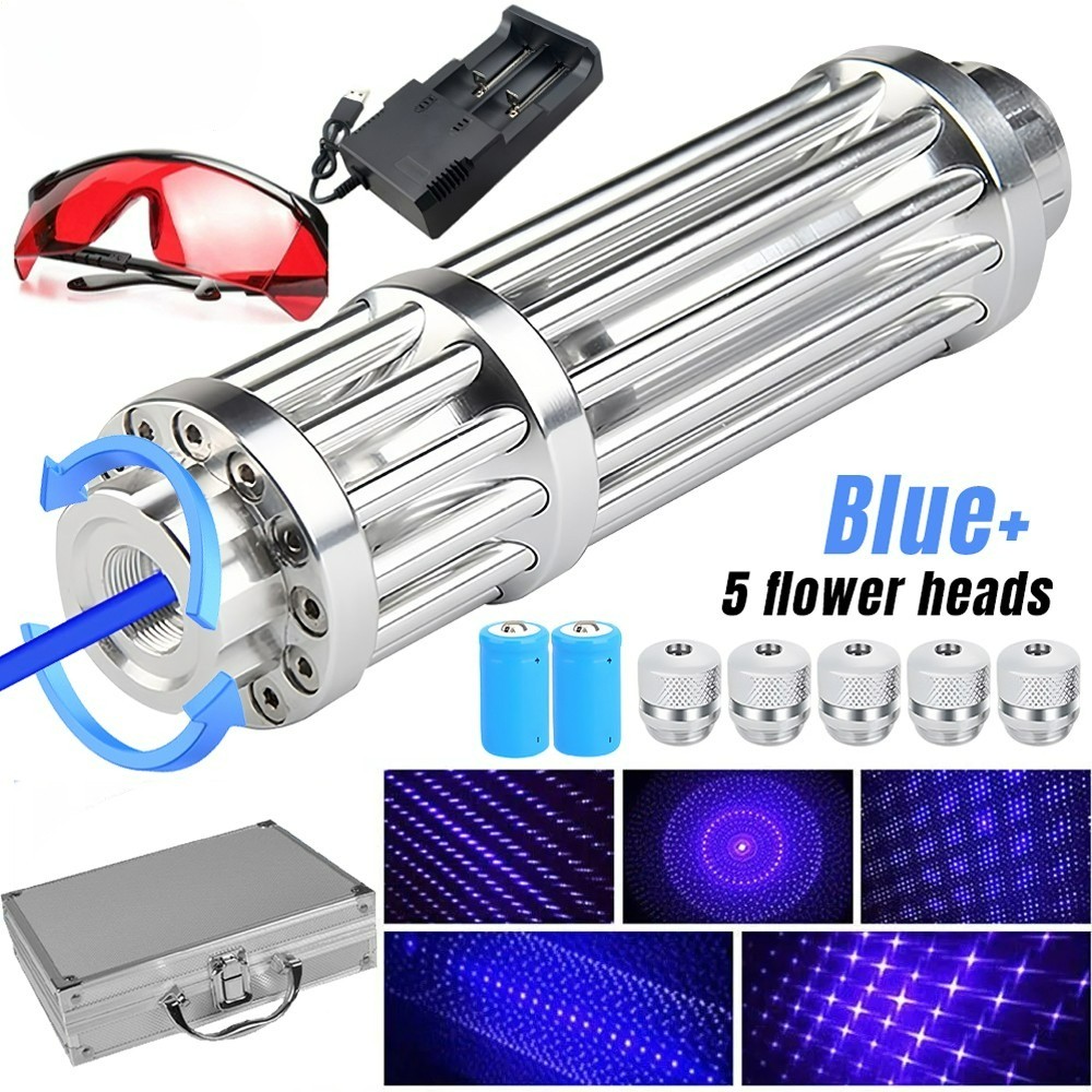 Blue Laser Pointer Adjustable Beam Light Torch Lazer Dot 5 Heads Rechargeable