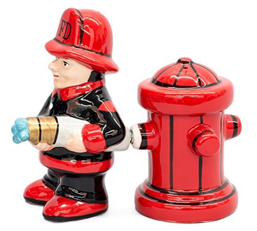 Fireman with Fire Hydrant Ceramic Magnetic Salt and Pepper Shaker Set