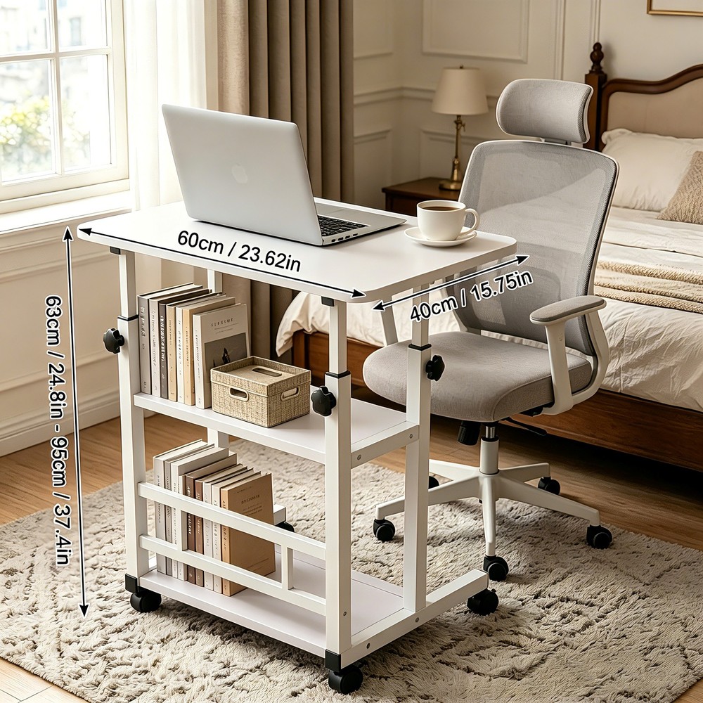 3-Layer Portable Rolling Standing Desk Adjustable Height Storage Shelves WHITE