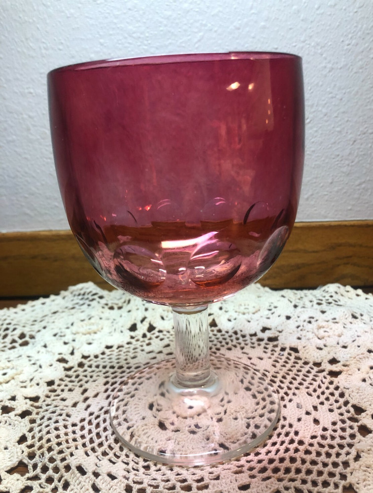 BARTLETT COLLINS VINTAGE FLASHED RUBY RED THUMBPRINT FOOTED STEMMED WINE GOBLET