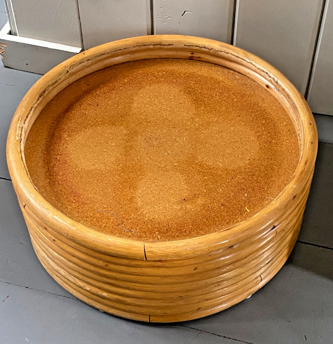 MCM Stacked 9 Band Bent Rattan Bamboo Ottoman Footstool Cushion Vtg Mid-Century