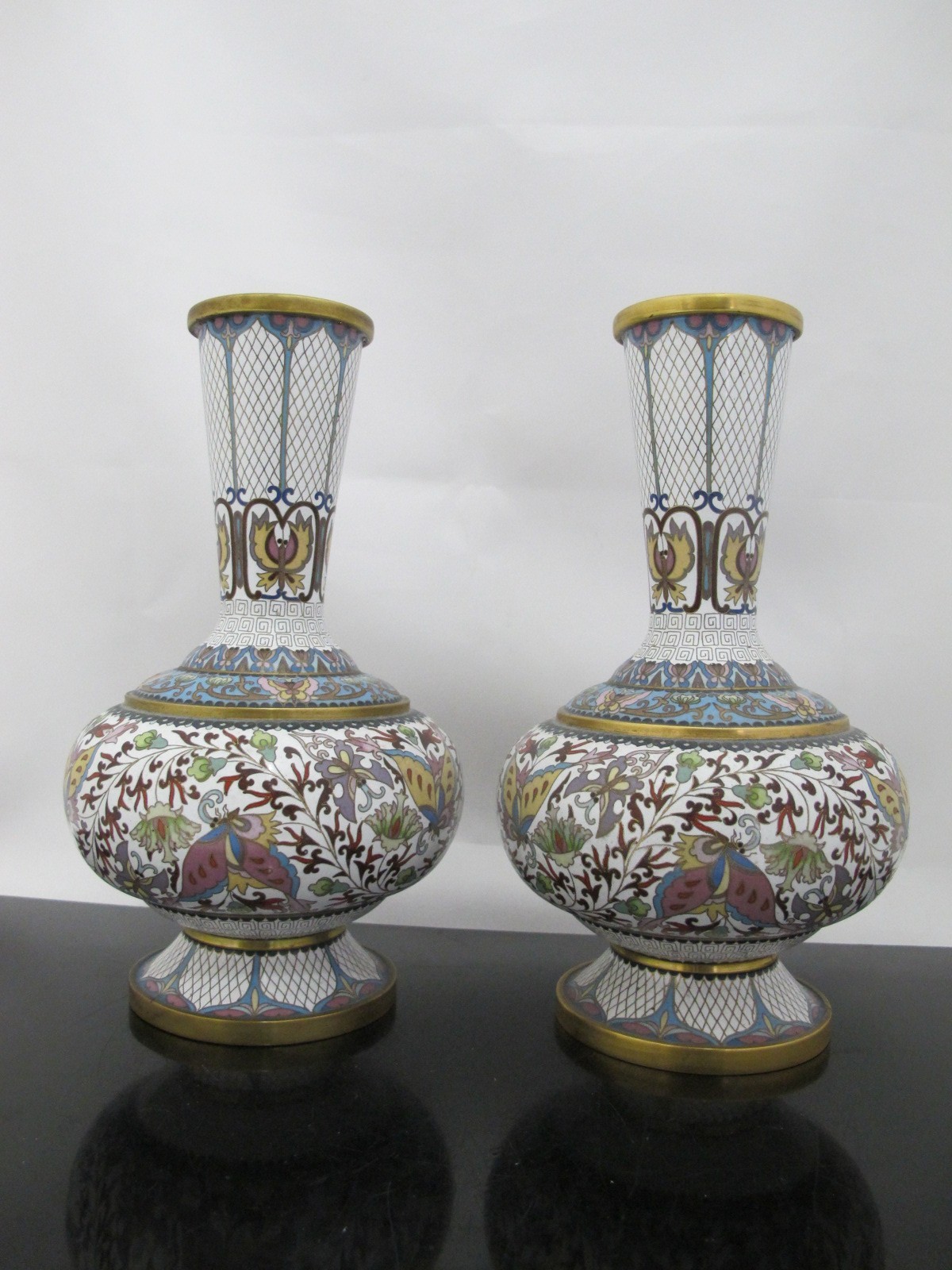 CHINESE White Enamel CLOISONNE Colorful Butterfly & Flower Vase Pair