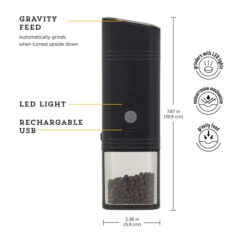 USB Rechargeable Feed Grinder, Filled With Peppercorns, Black