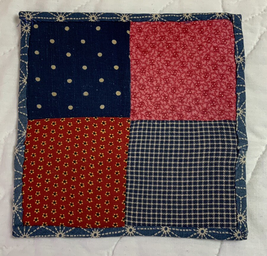 Antique Vintage Patchwork Small Quilt Table Topper, Four Patch, Early Calicos