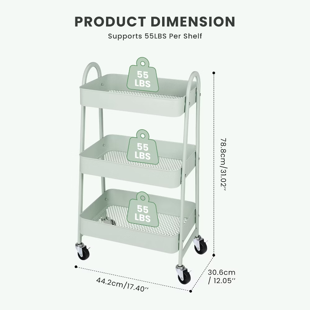 JIONJOY 3 Tier Utility Rolling Cart, Premium Metal Mobile Storage Cart with