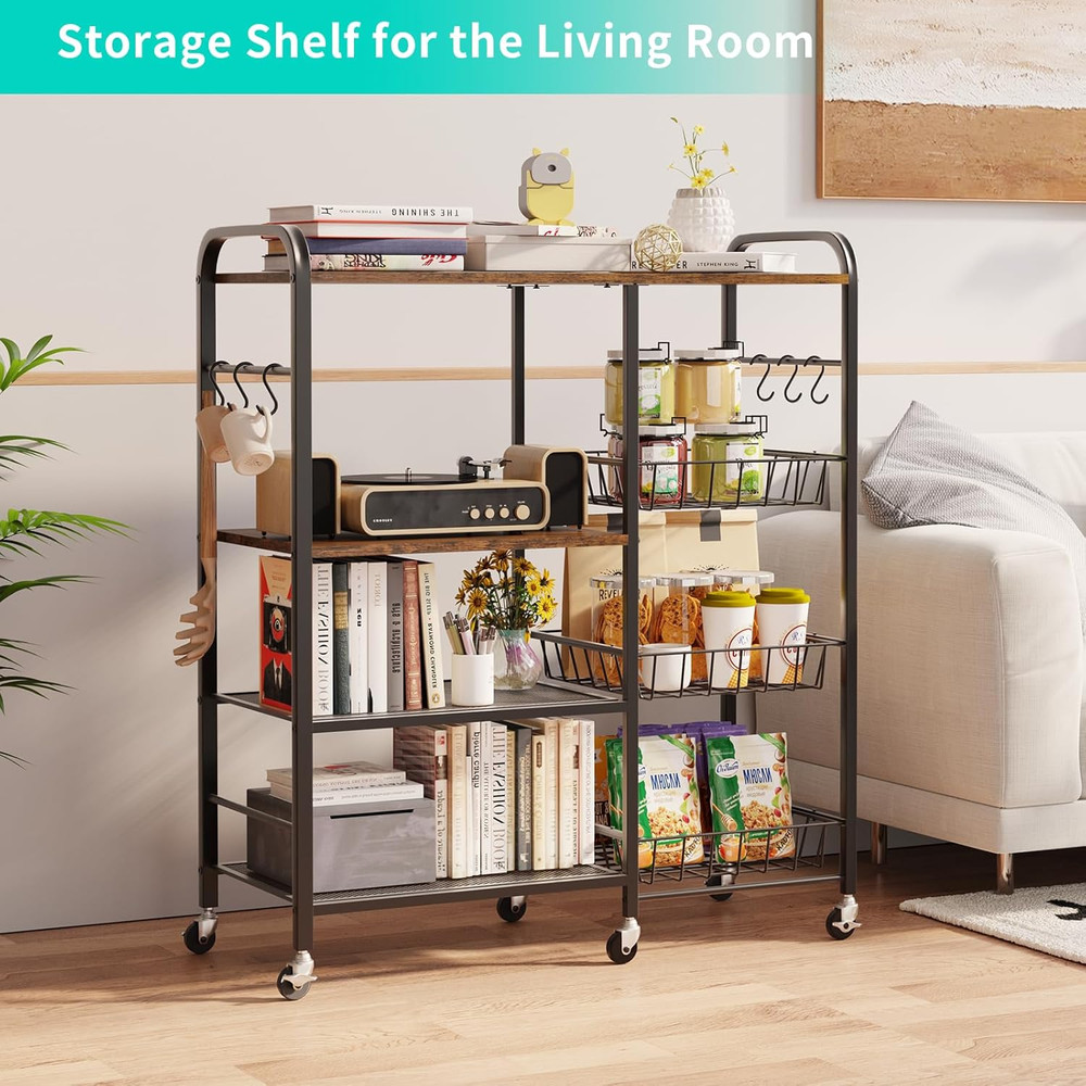 Rolling Kitchen Microwave Cart - 4 Tier Microwave Table Stand with Pull-Out Bask