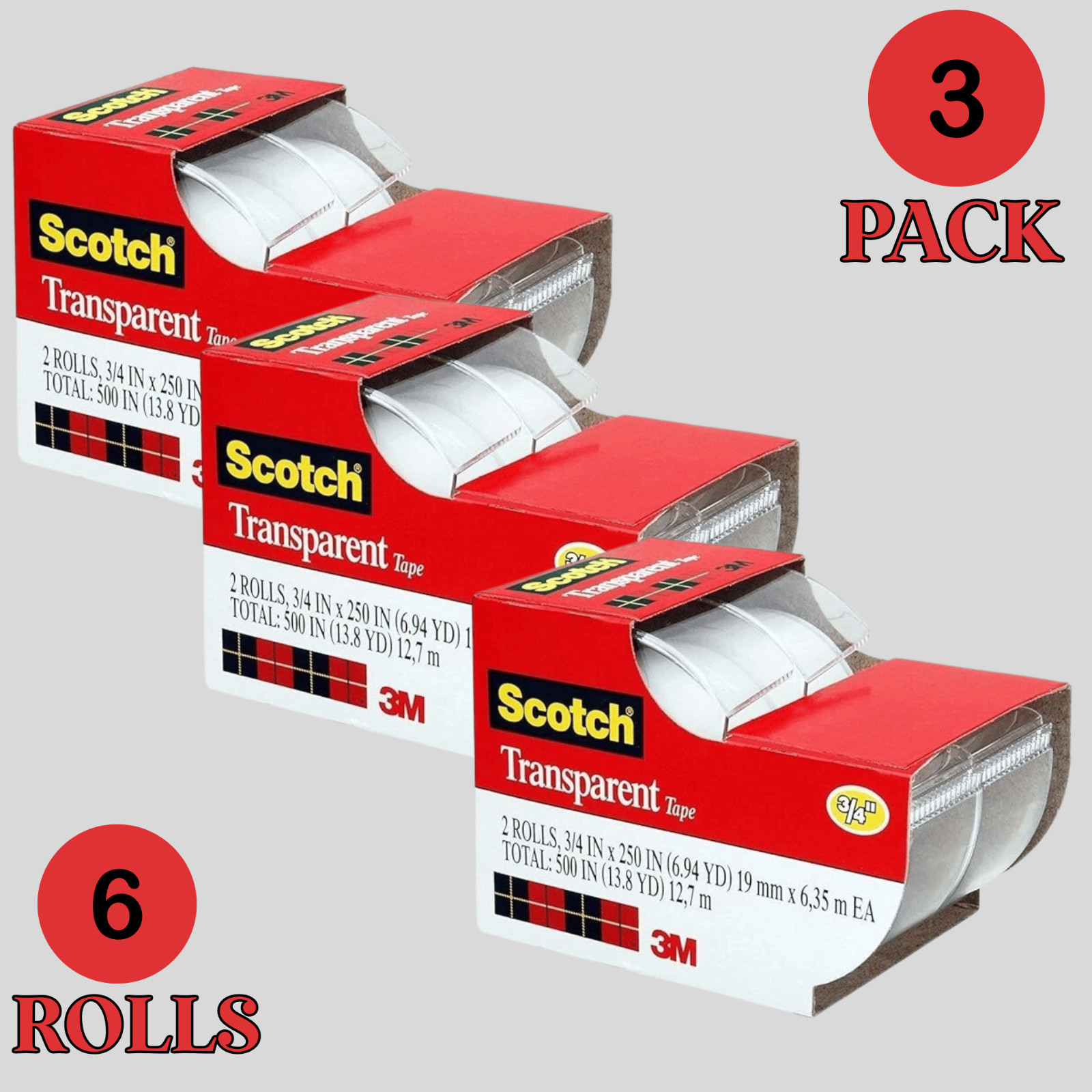 Scotch Transparent Tape 3/4" x 250", 3 Pack (6 Rolls) Strong Clear Adhesive 3M