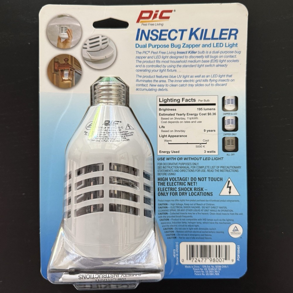 3 Pack PIC Insect Killer Dual Purpose Bug Zapper & LED Light NEW SEALED