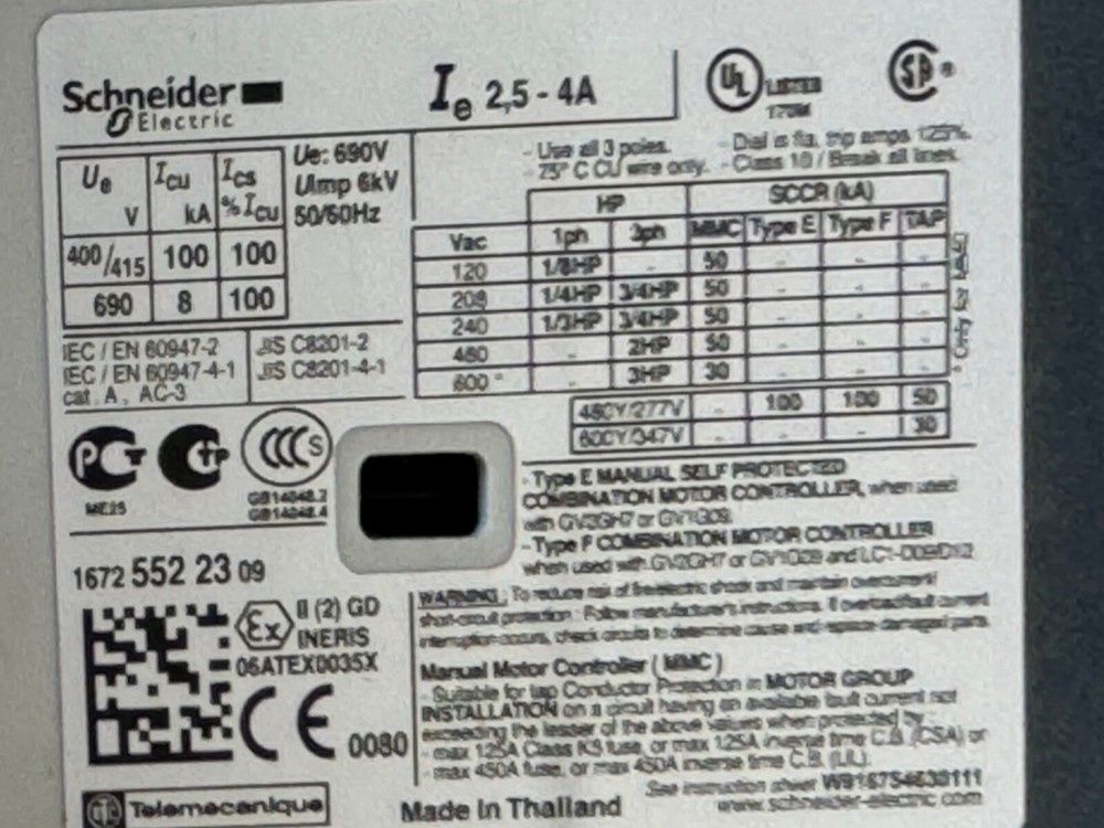 Schneider Electric GV2-P08 / 2.5-4A Manual Motor Controller / Starter