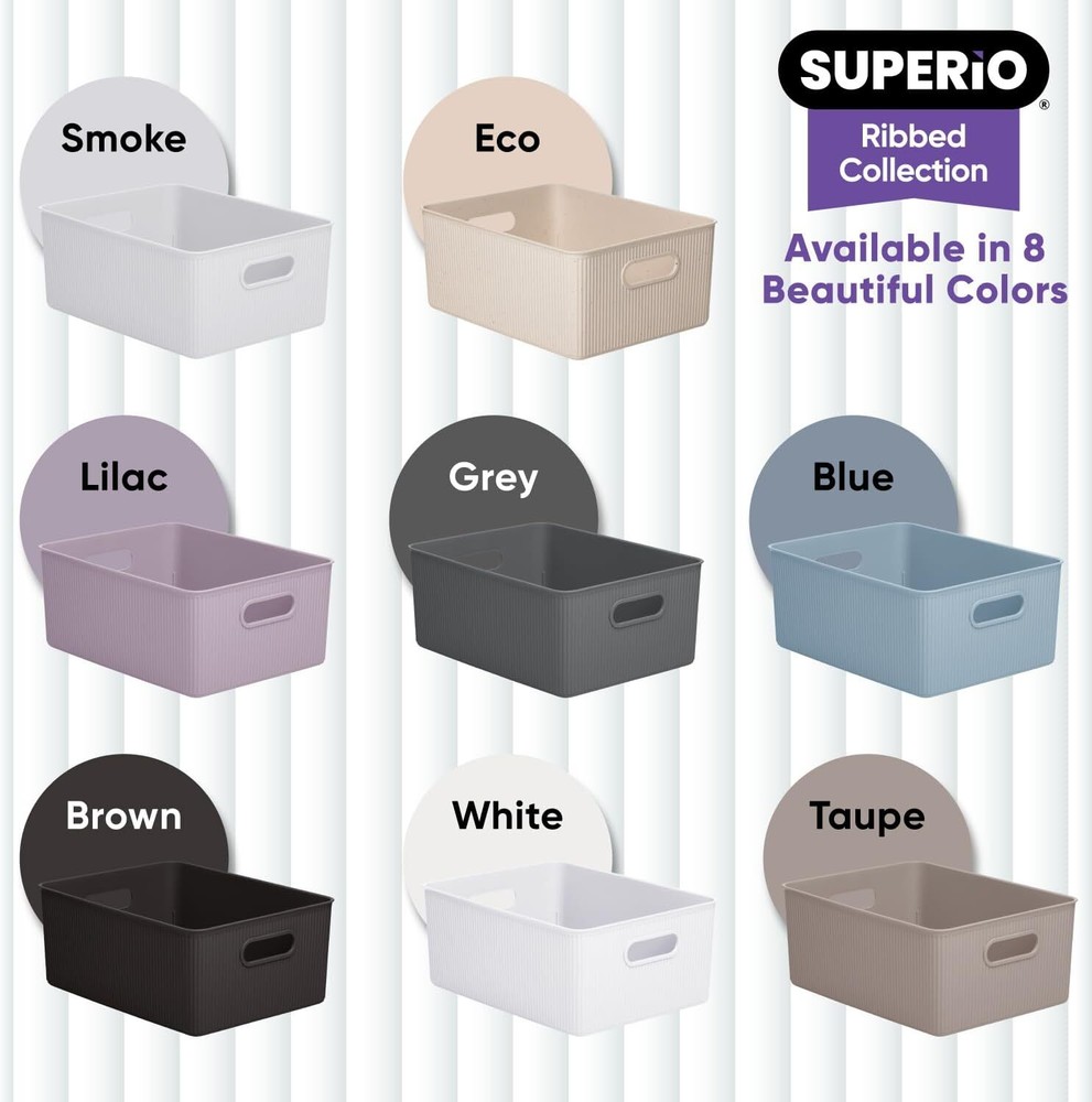 Superio 15L Medium Ribbed Storage Bin- Plastic Storage Bin (4 Pack, Stone Blue)