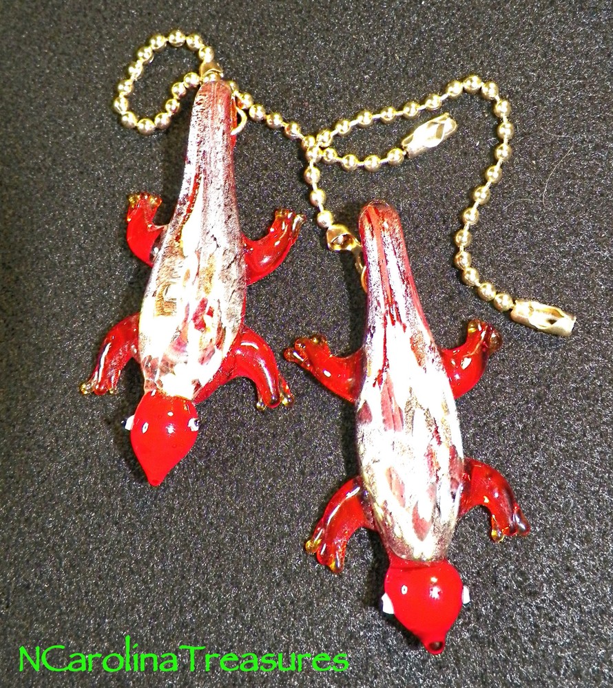 GLASS CEILING FAN SWITCH PULL RED MULTICOLORED LIZARD GECKO SALAMANDER LG PAIR