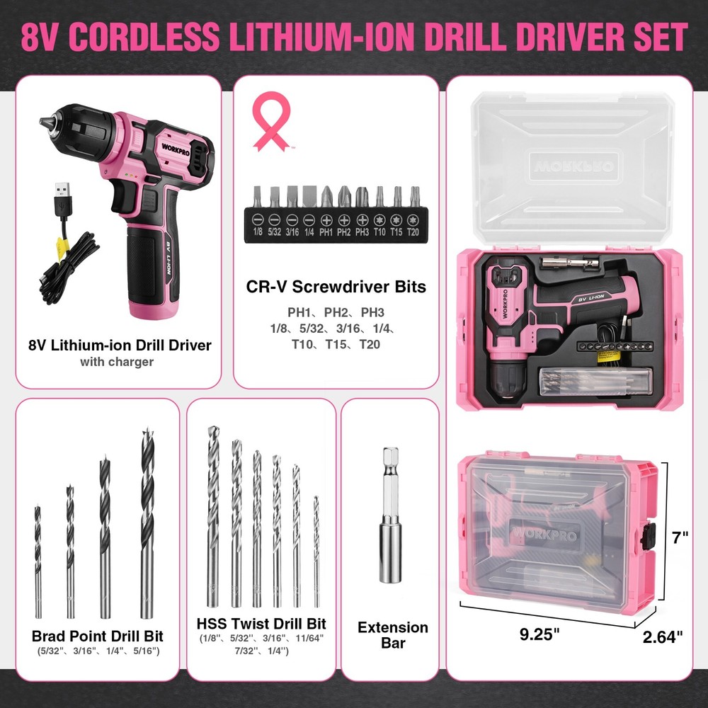 WORKPRO Pink /GrayPower Drill Set&Stackable Tool Box, 8V Cordless Drill Driver