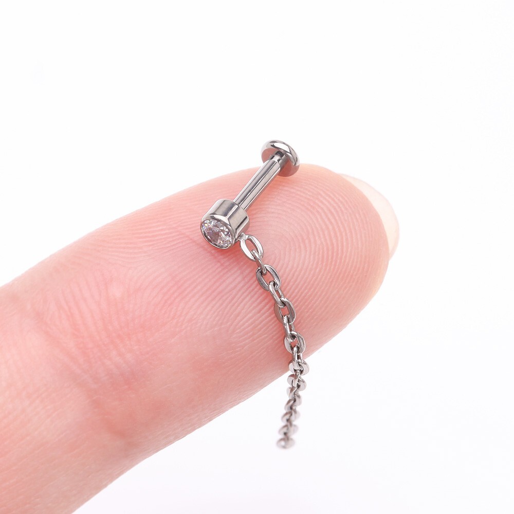 Implant Grade Titanium Sparkle Gem Long Chain Dangle Internally Threaded Labret