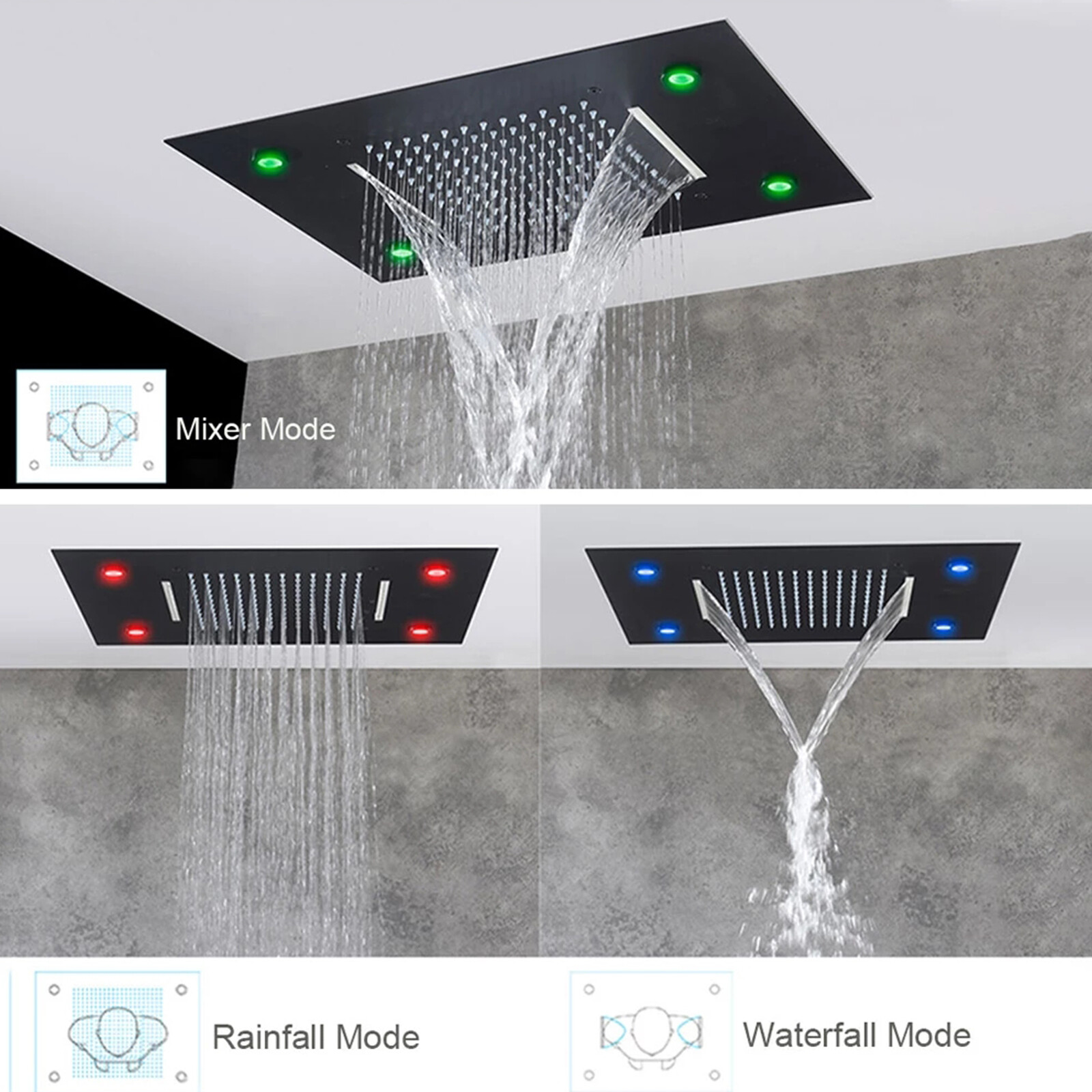 Luxury LED Shower Head Rainfall Waterfall Top Spray High pressure Ceiling Mount
