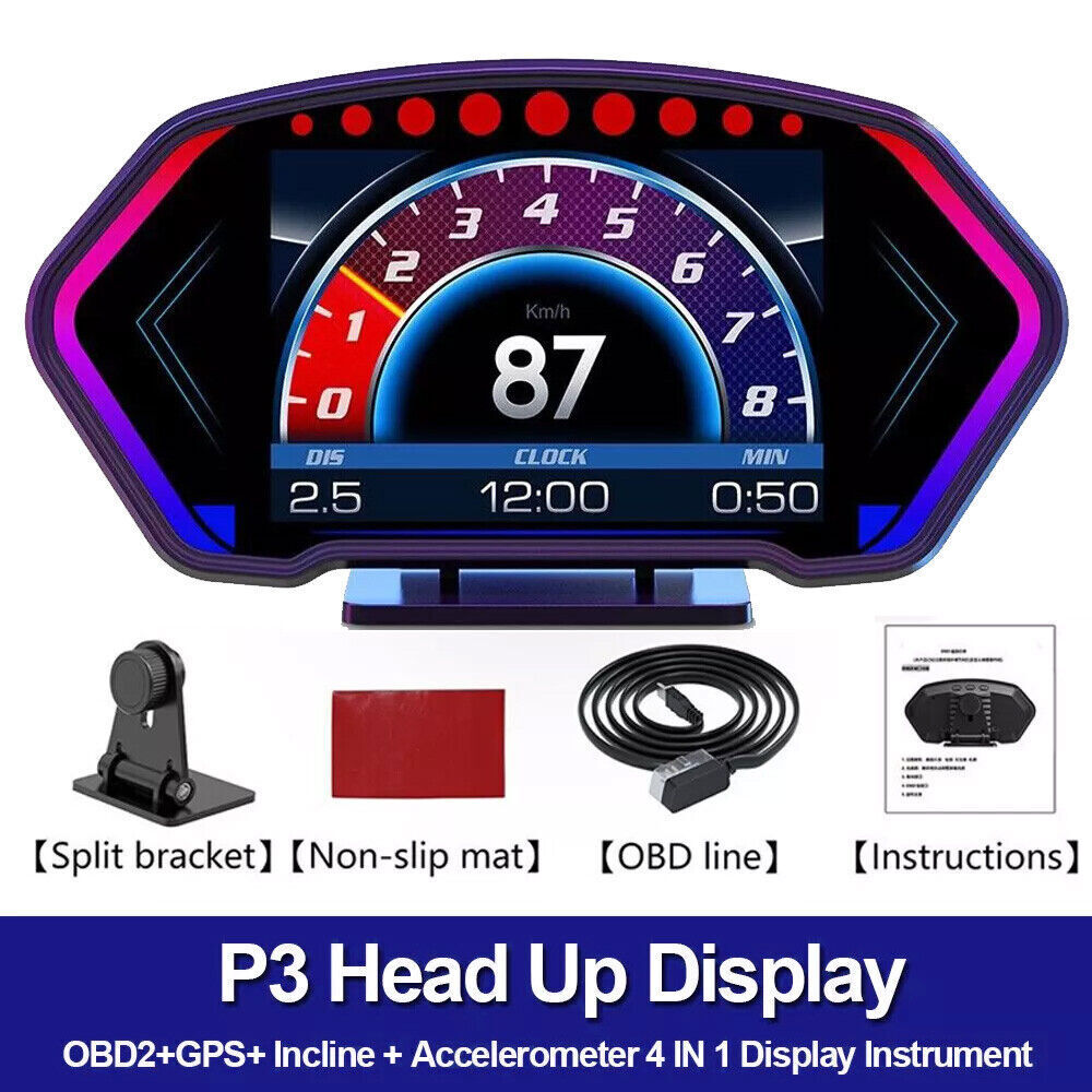 P3 Car HUD Head Up Display GPS Tachometer Speedometer Odometer Clock OBD Check