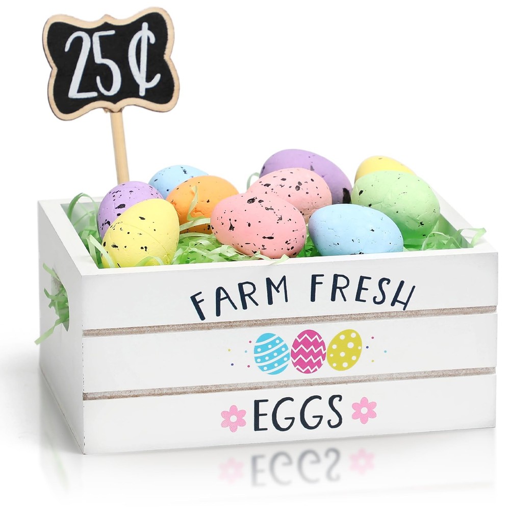 KORMMCO Easter Mini Wood Crate Decorations Set, Eggs Decor, White