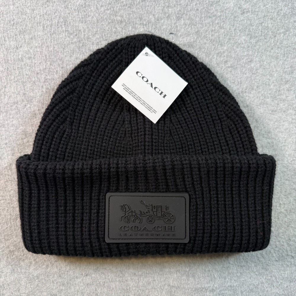 Coach Black Wool Knit Beanie Hat Womens Logo Patch Classic Solid One Size NWT