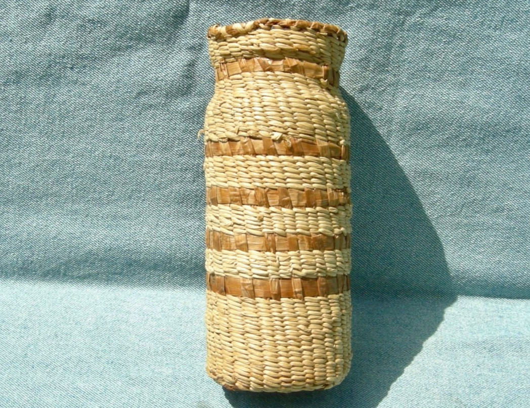antique PACIFIC NW NATIVE AMERICAN NOOTKA, MAKAH HANDMADE BASKETRY GLASS JAR