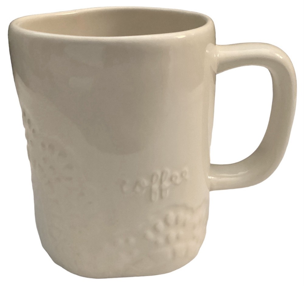 RAE DUNN Ceramic Coffee Mug White Floral Pattern coffee in Script
