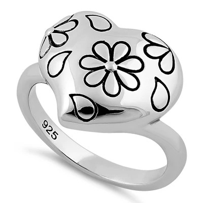 925 Sterling Silver Flower Leaf Heart Ring