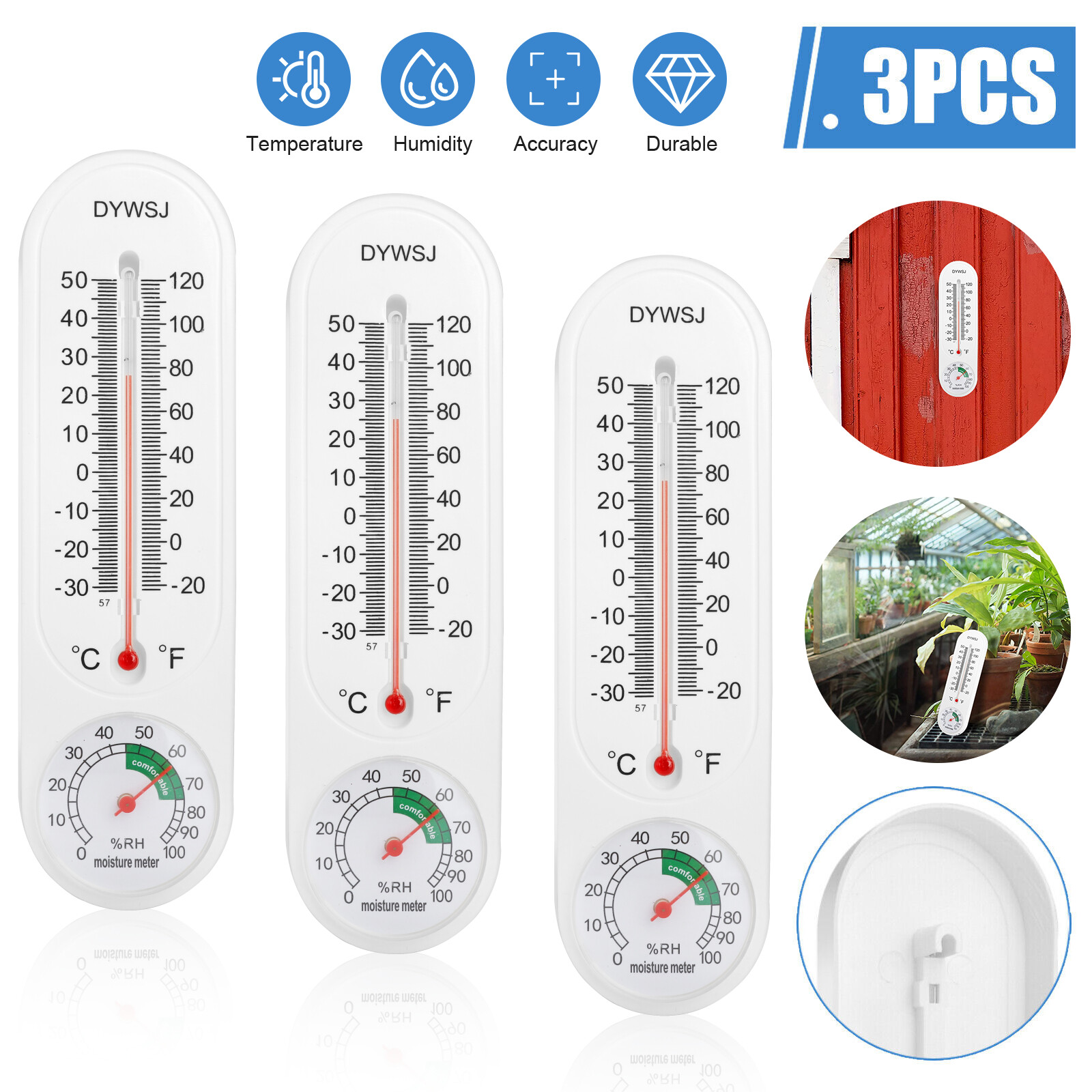 3 PCS Wall Thermometer Humidity Meter for Indoor Outdoor Garden Greenhouse Home