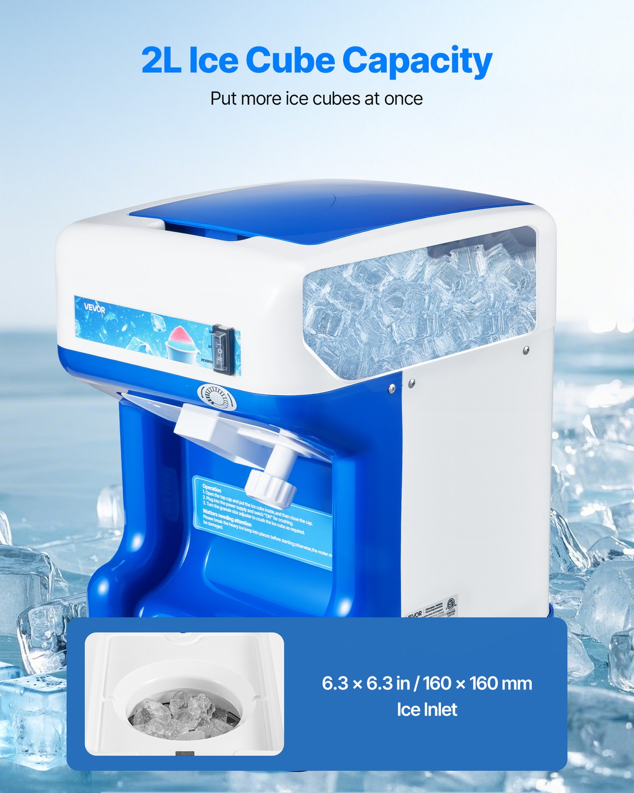 VEVOR Commercial Ice Shaver 286LBS/H Electric Snow Cone Maker Ice Crusher Blue