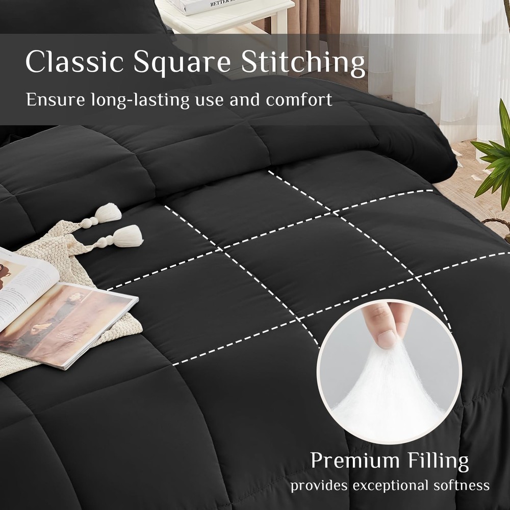 Queen Comforter Set Black, 7 Pieces, Down Alternative, Premium Bedding