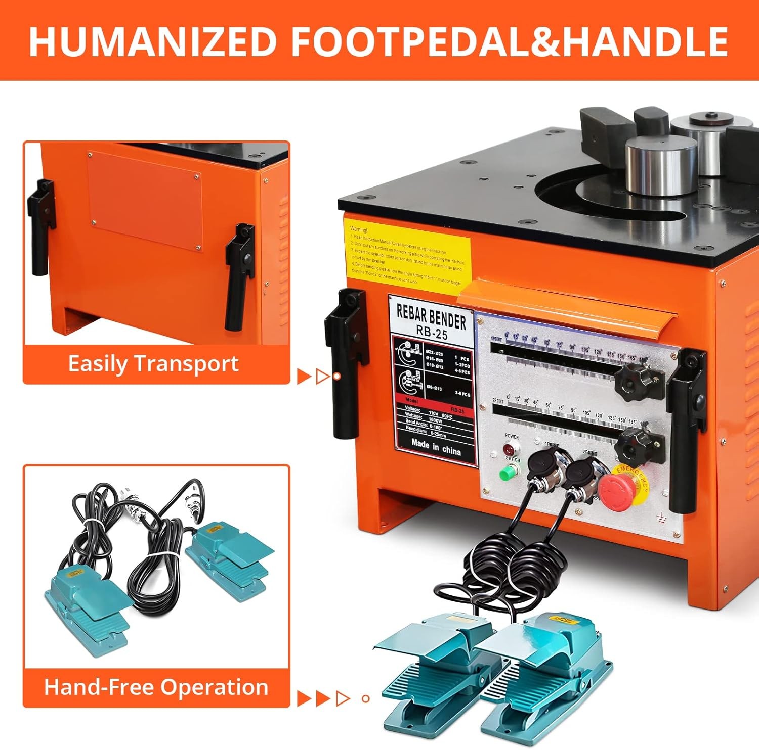 1" #8 Electric Rebar Bender w/ 2 Foot Controls RB-25 Bending Machine 1600W