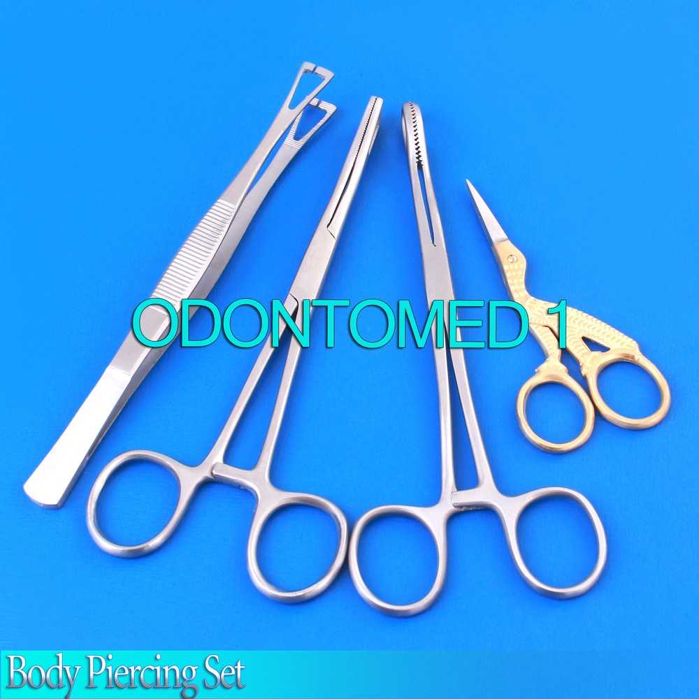 4 Pcs New Body Piercing Forceps Scissors Kit SPONGE CLAMP