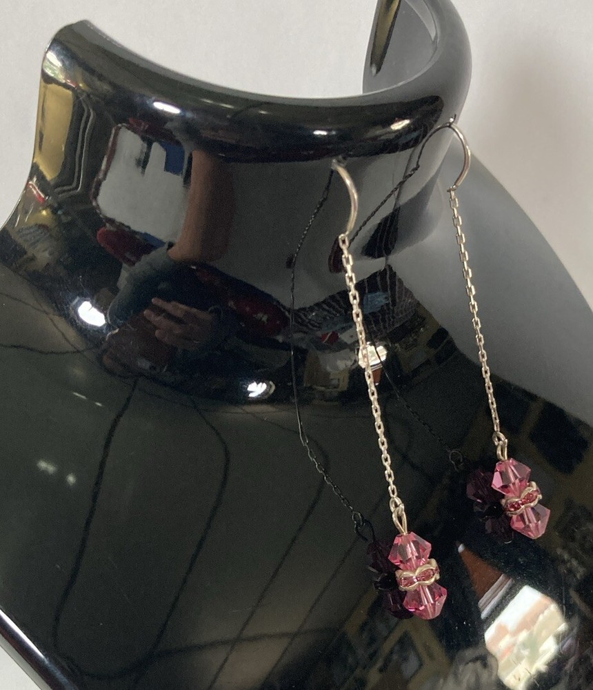 Vintage Long Pink Gem Dangle Earrings With Back Dangle