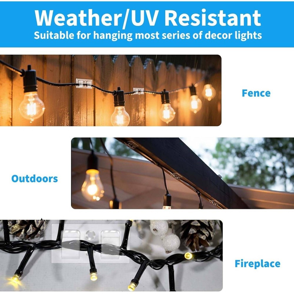 100 Pack Outdoor String Light Clips Adhesive Screw Mount Double Hook Clear