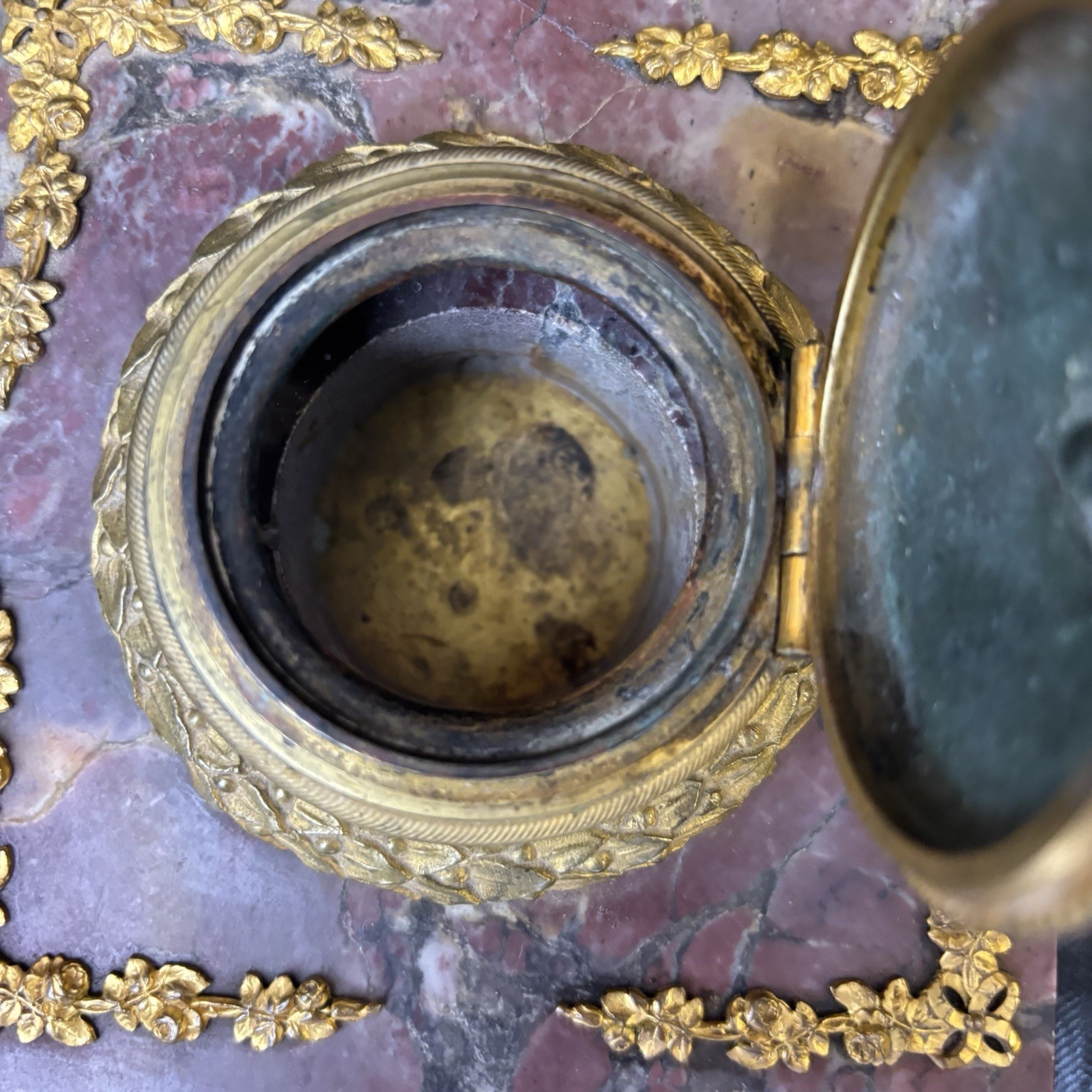 Antique French Rouge Marble Gilt Bronze Inkwell Empire Style