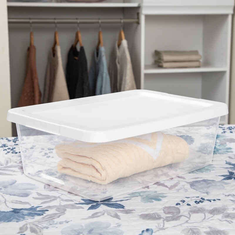 4 Pack Clear Plastic Storage Bins W/ Snap-on Lids Stackable Storage Boxes White