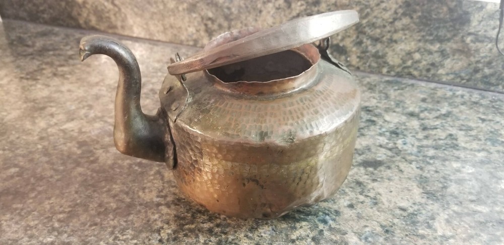 Vintage Hammered Solid Copper Teapot with Hand Painted Floral Design