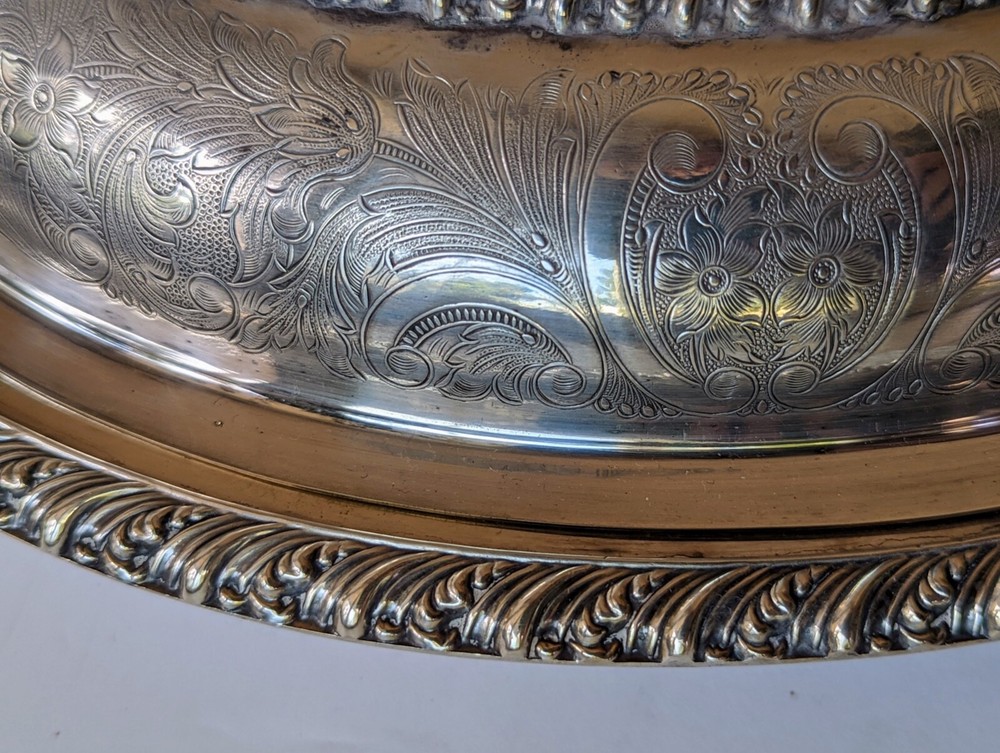 Barker Ellis England Antique Silverplate Lidded Dish Engraved Flowers Rococo