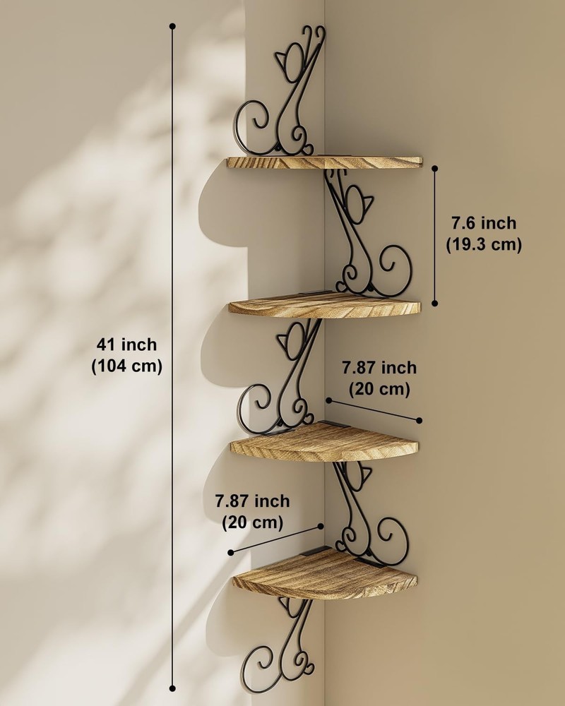 4-Tier Rustic Floating Corner Shelves in Cat Shape - Space Saving Solution