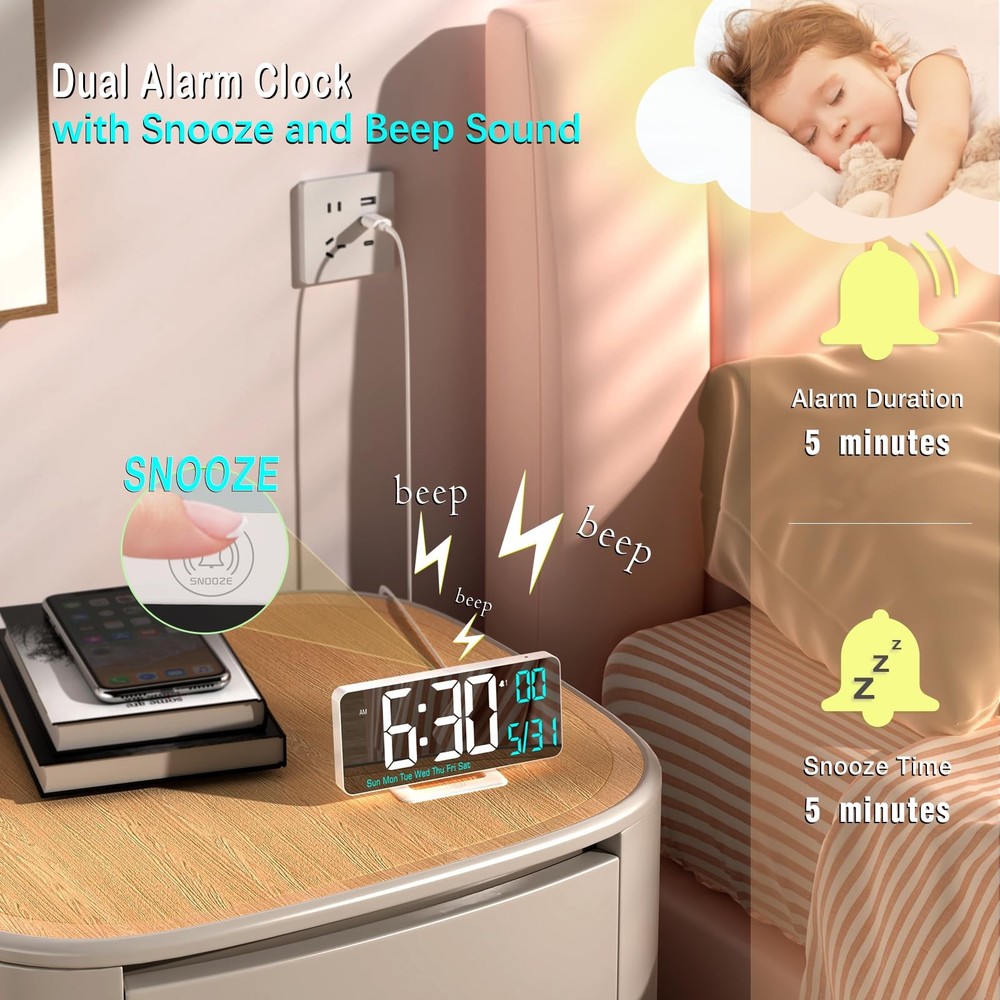 KOSUMOSU Digital LED Clocks for Large, White Clock(white + Blue Digits)