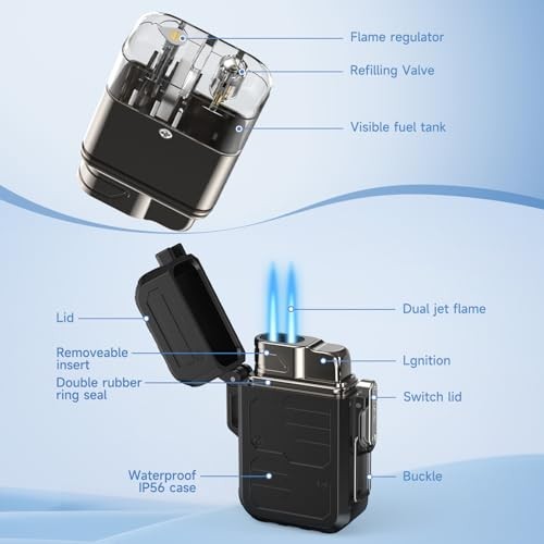 TOPAKY Torch Lighter, Waterproof Windproof Dual Flame Butane Lighter,