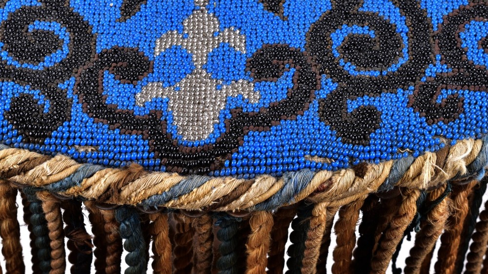 Antique Walnut Side Table with Micro Beaded Top Hand Needlework