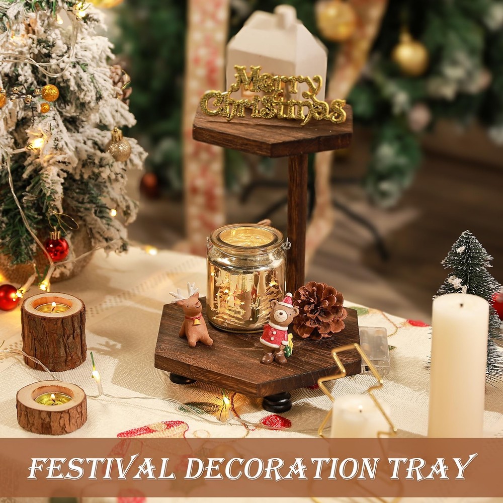 Hexagonal Wood Riser for Display, 2-Tier Rustic Wood Farmhouse Riser for Kitc...