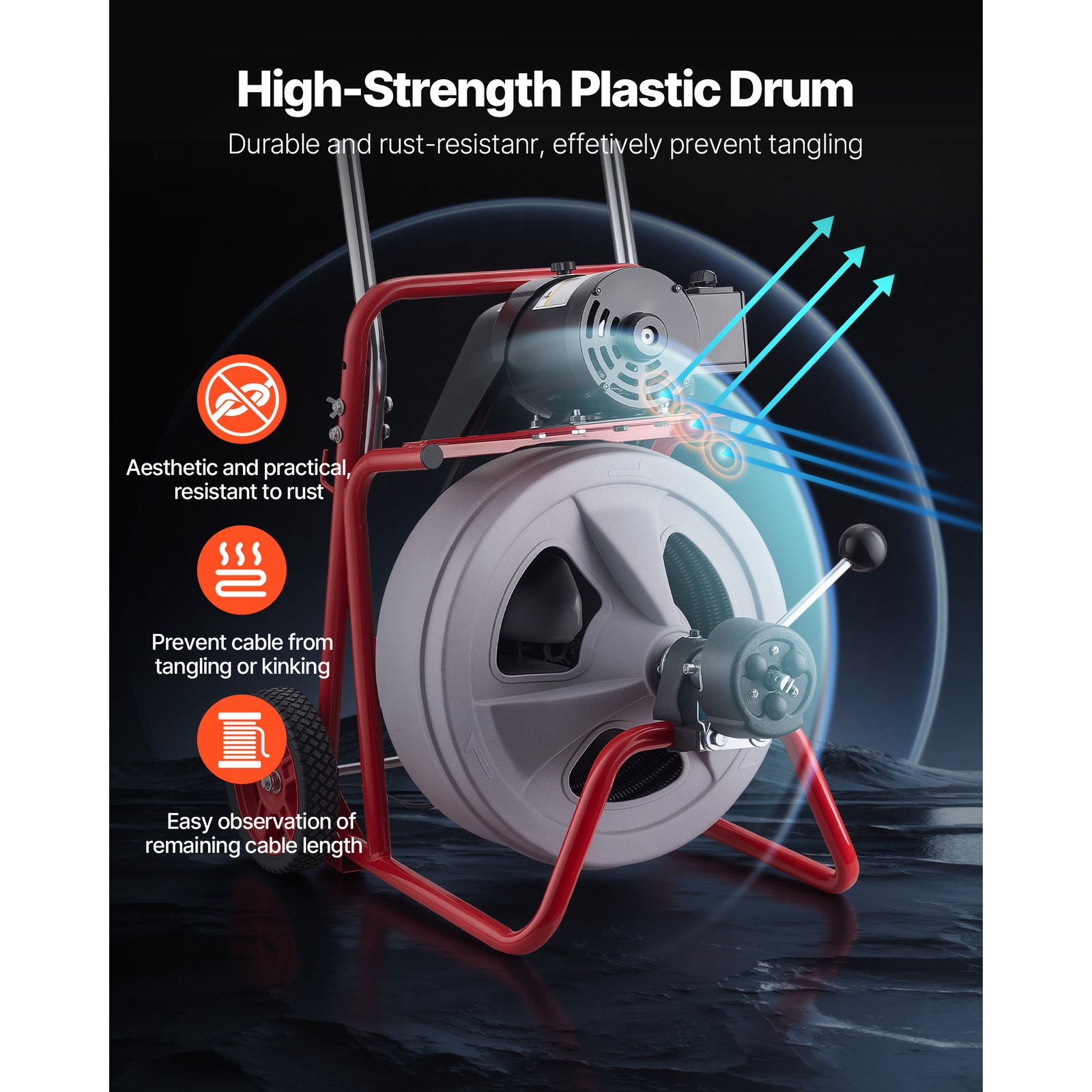 Uimoso Drain Cleaning Machine 100FT x1/2 Inch with Auto Feed, Wheels & 8 Cutters