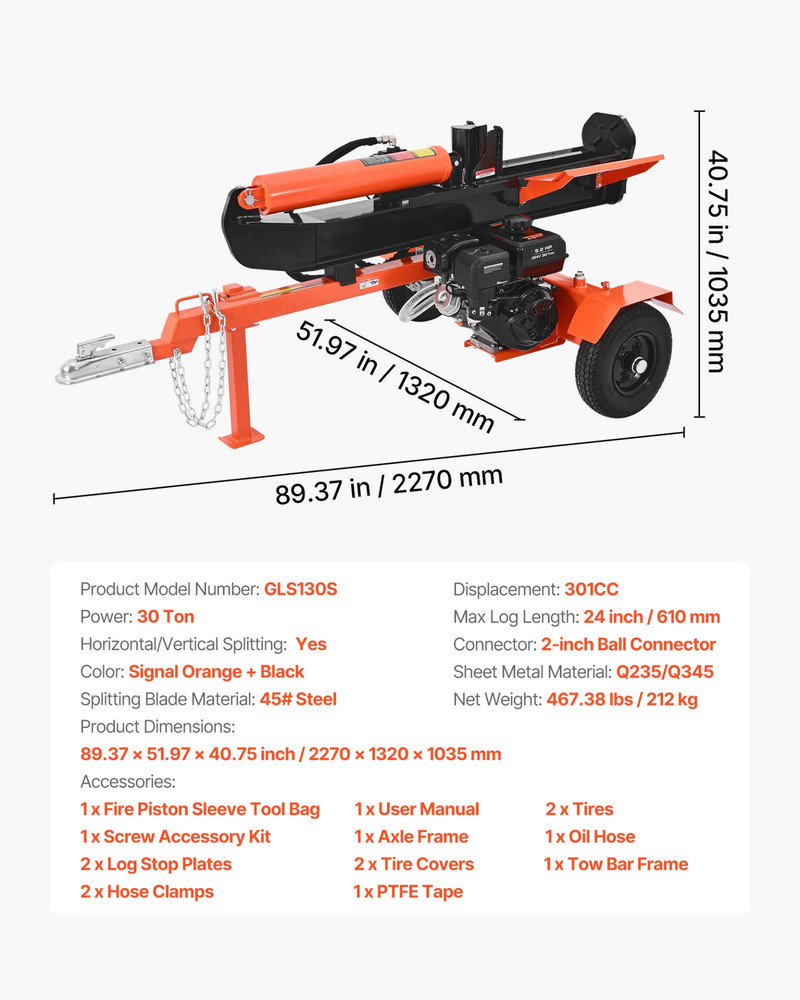 30-Ton Log Splitter 306CC Gas Engine, Vertical/Horizontal, Towable 2" Coupler