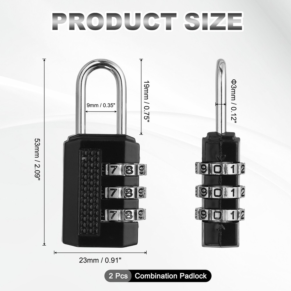 Combination Padlock (Small, Black)(2 Pcs), 3-Digit Shackle Code Locks