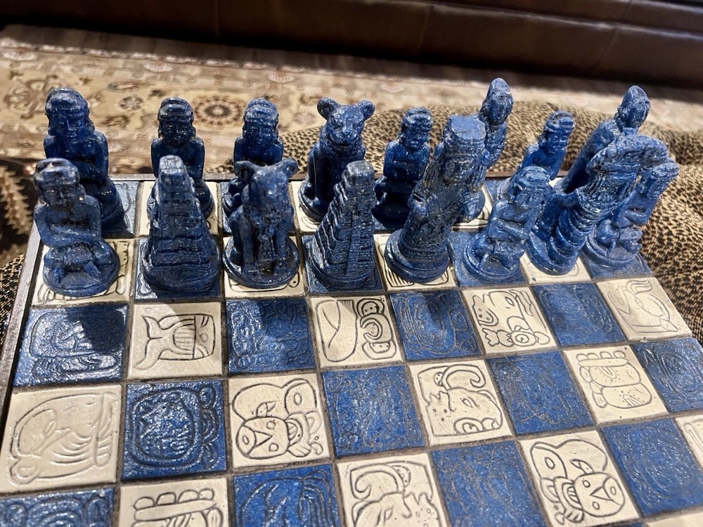 Vintage Handmade Mayan/Aztec Chess Set W/drawer - Complete- Does Not Fold