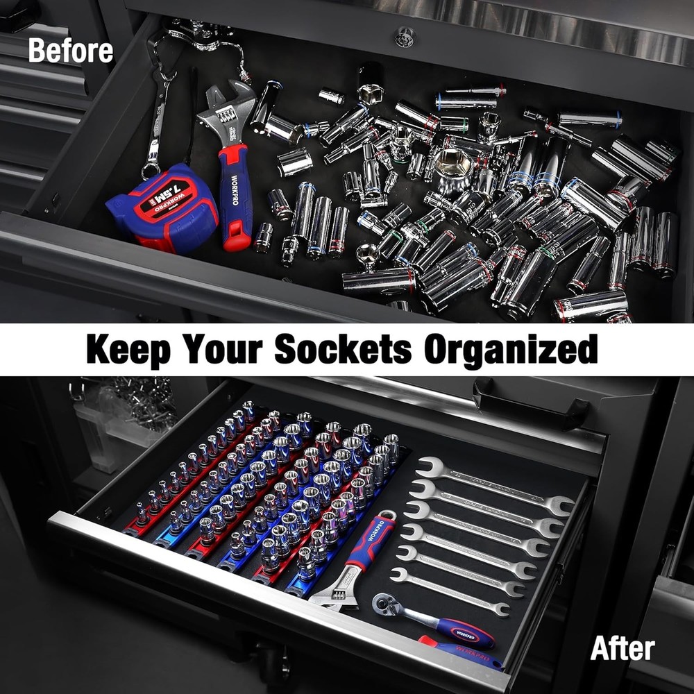 1/4-Inch Drive Magnetic Socket Rail with 12 Clips - Efficient Storage