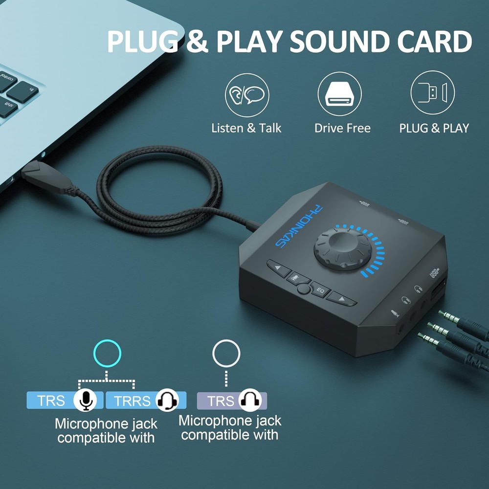 T10 External Sound Card, PHOINIKAS USB Audio Adapter for PC Windows, Mac, Linux,