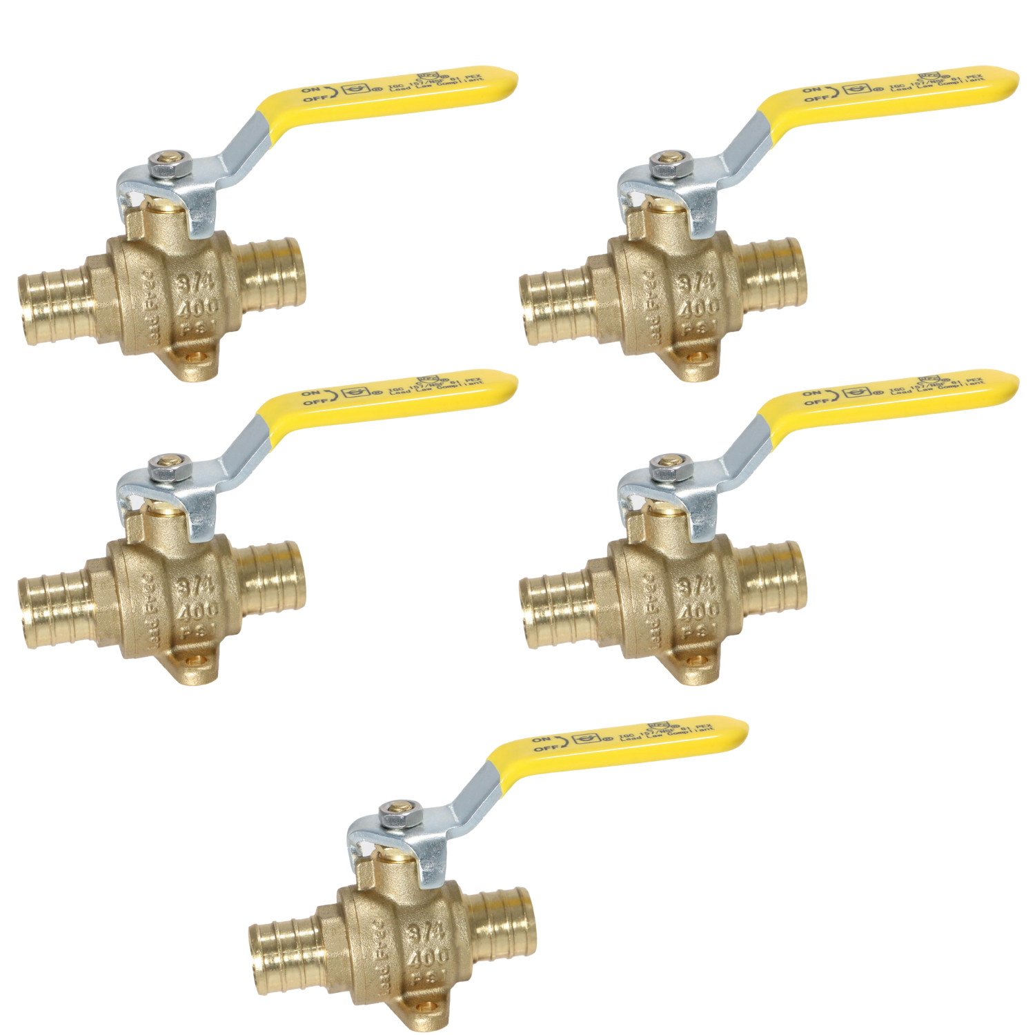 5 Pack XFITTING 3/4" Pex B Ball Valve with Drop Ear, Lead Free Brass, Full Port