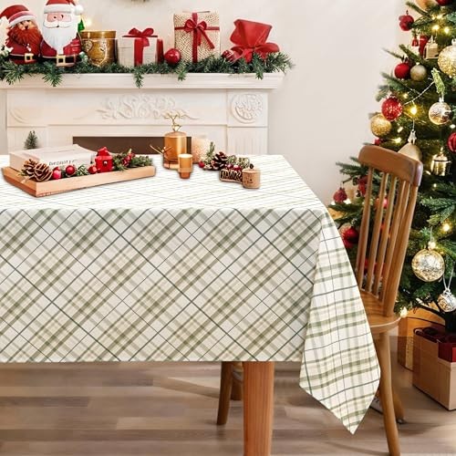 Printed New Checkered Tablecloth 84" x 60" (Rectangular) Sage Green and White