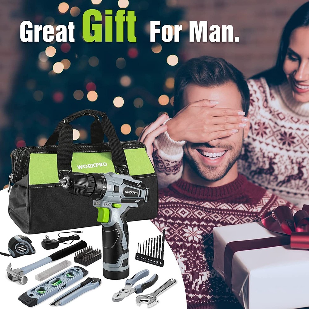 WORKPRO 61PCS 12V Cordless Drill Driver Home Tool Kit Hand Tool Set With 14" Bag